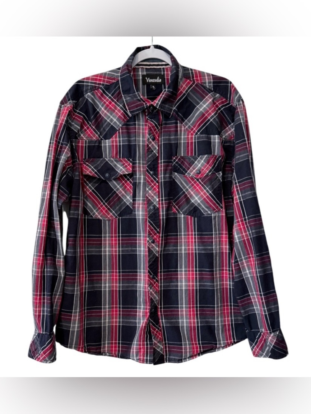 Venzulia men’s XL long sleeve snap up Western multicolored blue plaid shirt